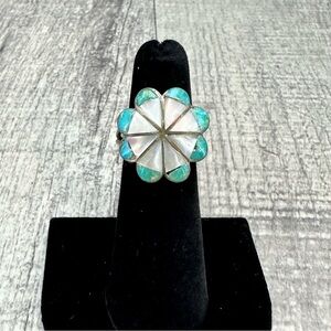 Vintage Zuni Sterling Silver Turquoise Mother Of Pearl Inlay Flower Ring Size 6